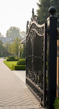 Elegant black forged gates open to a luxurious estate driveway with manicured gardens and afternoon sun