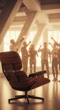 Empty Eames chair in foreground, blurred employees celebrating in background with confetti
