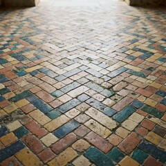 Fototapeta premium Close up of old colorful herringbone tile floor with mosaic pattern and weathered ceramic texture