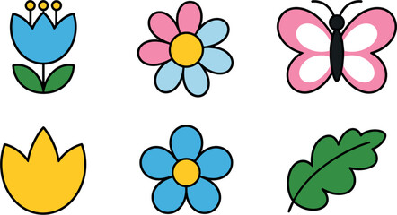 Fototapeta premium Cute Spring Nature Icons, Flower Butterfly Leaf Tulip Vector Illustration Collection for Kids Design Pack