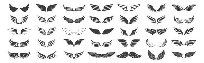 Naklejka premium Set of black wing icons in various styles. Collection of wing symbols and badges.