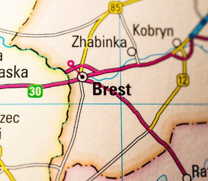 Close up road map of Brest Belarus border region for travel planning.