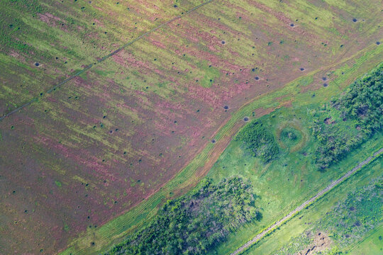 Scorched earth field with shell craters and global warming soil degradation terrain overhead drone shot