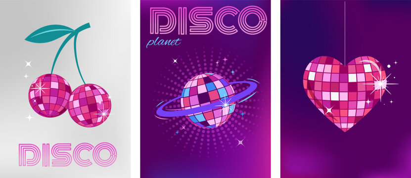 Vintage vertical posters with cherries, heart and ringed planet shiny disco balls. Retro nightclub and dance party vector illustration.
