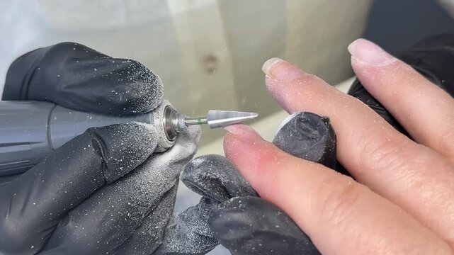 Old chipped gel coating removed from neglected nails by manicurist wearing dark protective gloves while machine softly files surface inside modern nail salon.