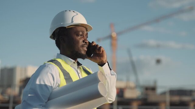 Portrait of confident african american foreman in construction site, negotiation . Male architect talking by phone with investors or contractor, distant communication with departments in building