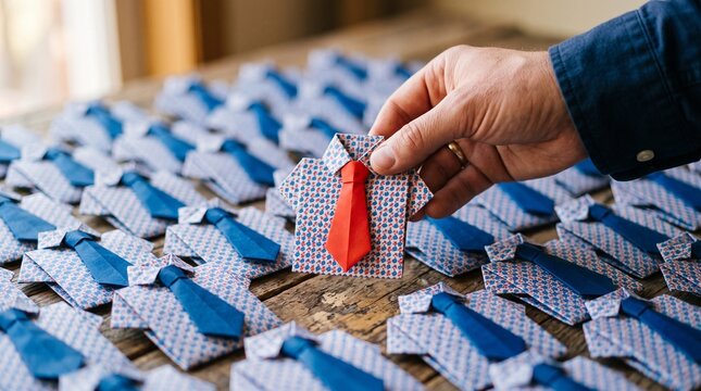 Unique red tie origami shirt held by hand, standout leadership concept among blue paper shirts, recruitment and individuality business metaphor