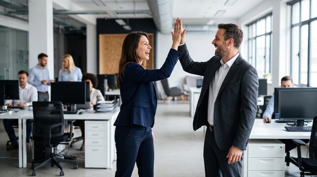 Two smiling business professionals in a modern open-plan office giving a high-five, celebrating success and teamwork.