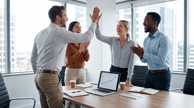 Diverse business team celebrating success with high-fives and applause in a modern office meeting room.