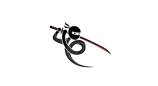 Dynamic minimalist ninja logo silhouette holding a katana sword with a red edge stroke. Action and martial arts concept.