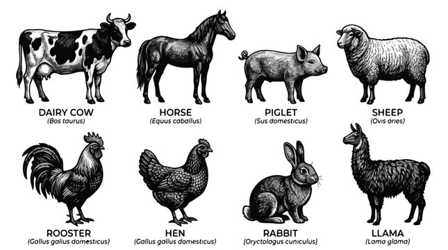 Black and white farm animal illustrations including cow, horse, piglet, sheep, rooster, hen, rabbit, and llama
