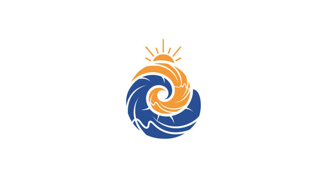 A circular logo design featuring stylized ocean waves and sun