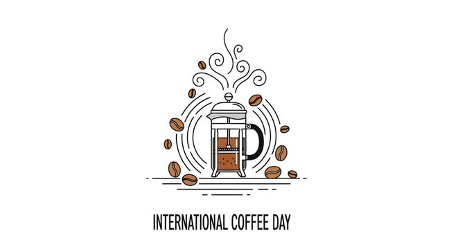 A minimalist line art illustration of a glass coffee press maker