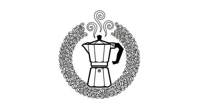 A black and white illustration of a steaming coffee maker pot