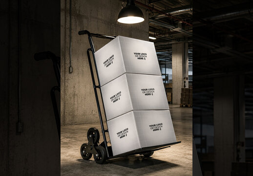 Boxes Mockup on Hand Truck Barrow Branding