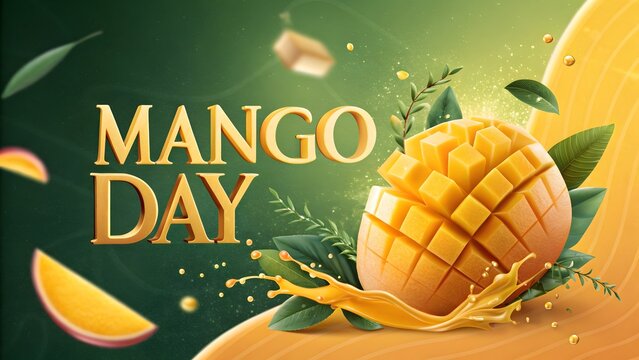 Mango day celebration poster with fresh cubed fruit and splash graphic for summer seasonal marketing campaign