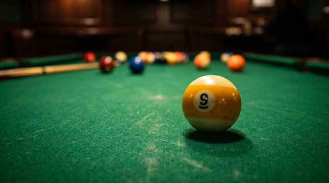 Close-up of a 9-ball on a green pool table