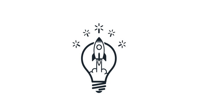 A rocket ship launching inside a glowing light bulb icon