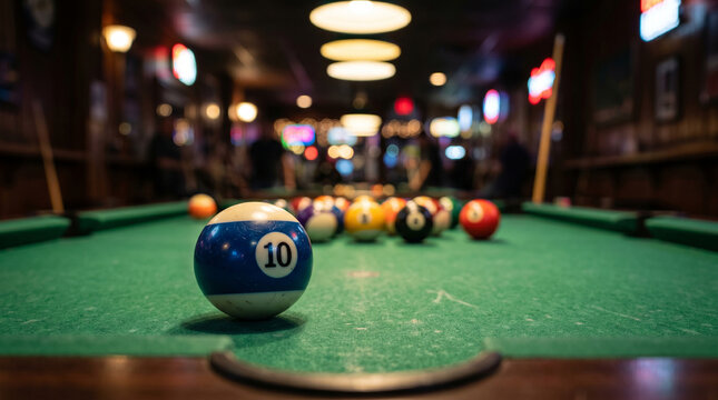 Billiard 10 ball on green pool table in a bar setting