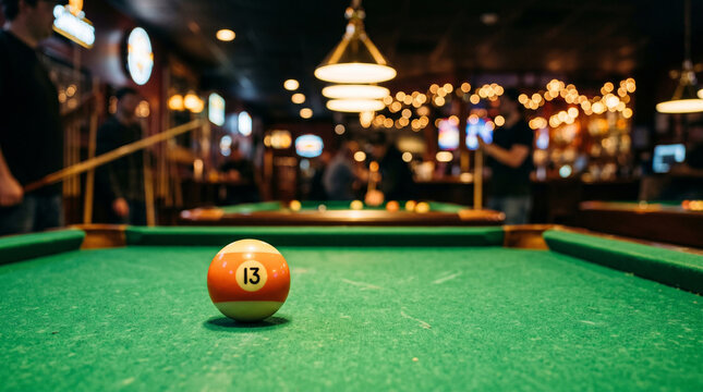 Number 13 Billiard Ball on Green Pool Table in a Bar
