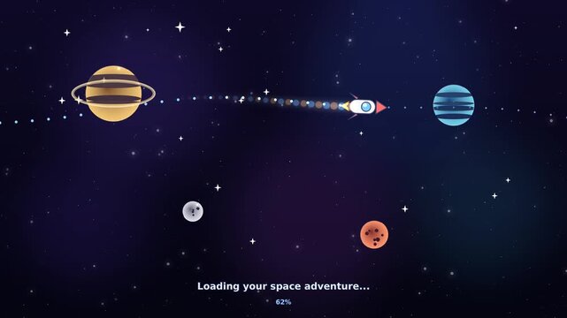 Cute Cartoon Mobile Game Loading Screen with Rocket Ship and Planets. Hyper Casual Space Adventure Interface Background with Percent Progress and Starry Galaxy.