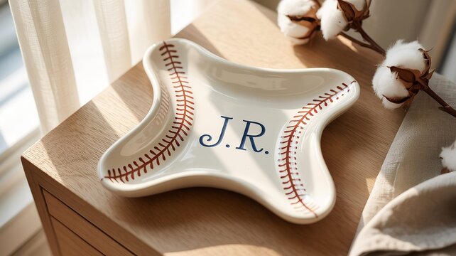 Baseball star shaped dish with JR initials on wooden table