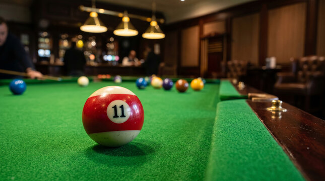 Close up of red billiard ball on green pool table in dimly lit game room