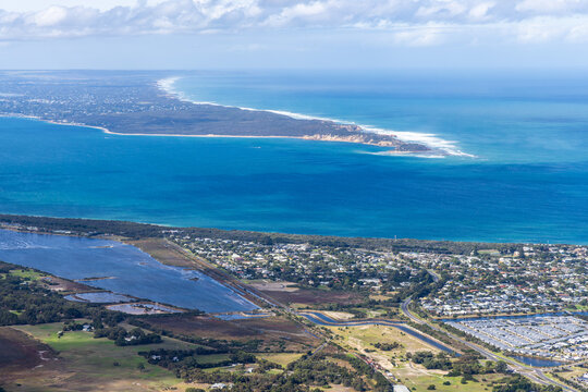 Portsea aerial view of Port Phillip Bay entrance and The Rip and Queenscliff, Victoria Australia