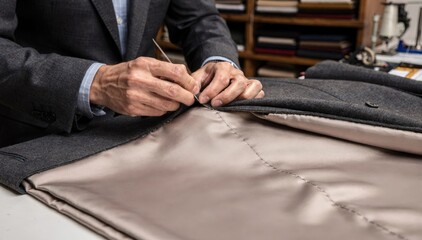 Fototapeta premium Medium shot of a tailor sewing a jacket lining focusing on precise stitching and smooth fabric application for a polished comfortable interior finish.