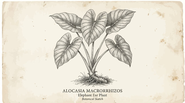 Vintage botanical illustration of Alocasia macrorrhizos, also known as Elephant Ear Plant, on a textured beige background with detailed leaf structure.