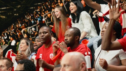 Excited sports crowd celebrating victory during football match in a packed stadium full of cheering fans, soccer fans shouting and singing chants, supporter culture for global football tournament. © DC Studio