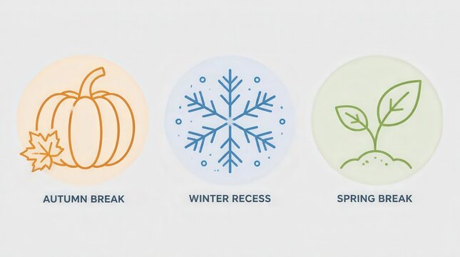 Stylized Line Art Icons Representing Autumn Break, Winter Recess, and Spring Break Seasons