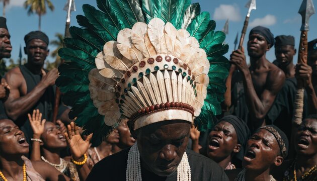 Vibrant African Tribal Ceremony with Elaborate Headdress and Spear Bearers