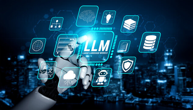 Futuristic Robot Hand Interacting with LLM Icons Representing Large Language Models Technology in a High-Tech Urban Setting Fluxor.
