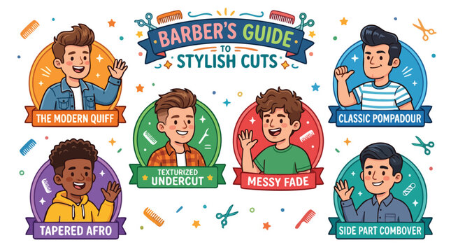 Barber's guide to stylish haircuts for men featuring modern quiff, undercut, messy fade, tapered afro, and comb over styles