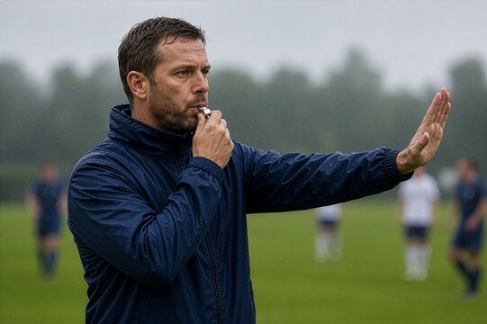 Sports coach blowing whistle and signaling stop with raised hand during rainy training session, concept of team management and athletic coaching authority
