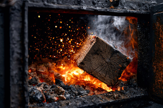 Splitting post oak wood into a glowing offset smoker firebox