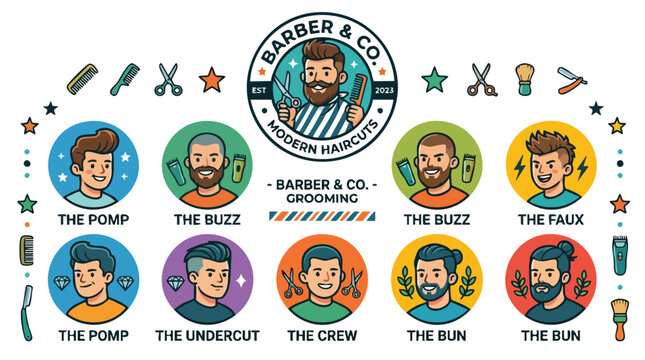Collection of diverse modern male haircuts and grooming styles displayed with illustrative icons and text labels