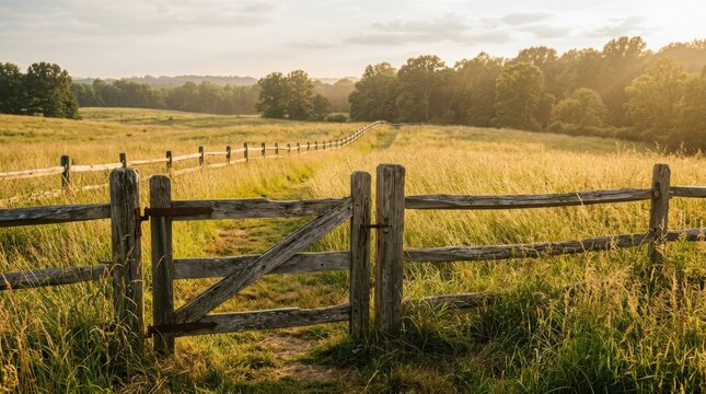 Wooden gate in a field with long grass under golden sunset light. Traditional rustic fence bordering a rural meadow. Agricultural landscape and nature scene for travel and environment.