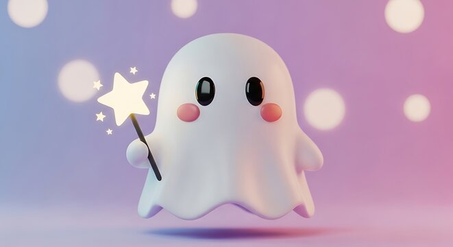 Ghost cartoon character holding a glowing magic star wand cute Halloween background 3d render