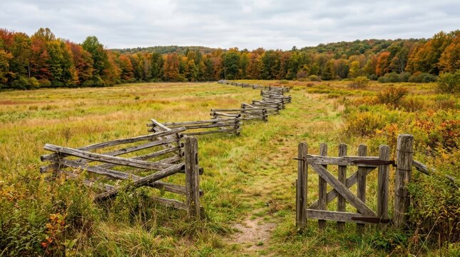 Split rail fence in an autumn field with a wooden gate. Traditional country landscape with vibrant fall foliage and meadow. Rustic farmland scenery for outdoor travel and nature concept.