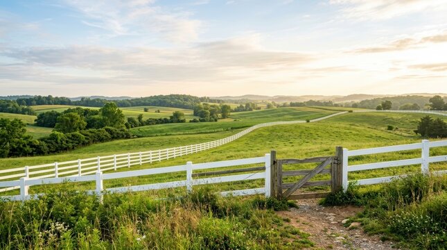 Green grassy hills with white picket fence and wooden gate. Countryside landscape during sunset. Rural farm scenery with rolling meadow and pasture land. Scenic field nature view.