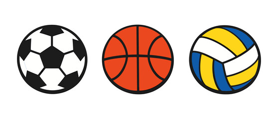 Obraz premium Youth sports icons depict a soccer ball, basketball and volleyball in a clean vector style, representing global games