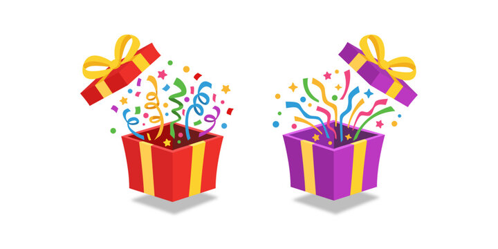 Two open gift boxes with colorful confetti stars and streamers bursting out with shadow isolated on white background. Open gift box depicting confetti exploding for a celebration. Vector illustration.
