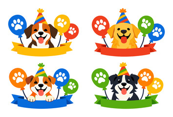 Naklejka premium Cartoon dogssmile, tongues out, celebrate a birthday with festive balloons and customizable ribbons