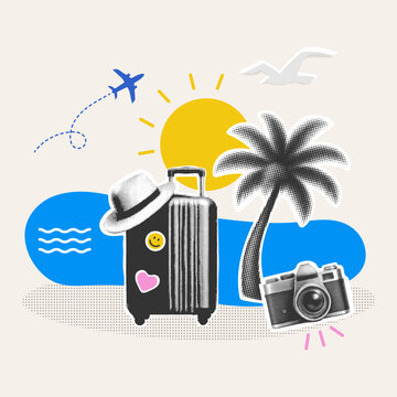 Travel collage with suitcase, camera, palm tree, airplane and sun in halftone retro style, trendy vacation concept illustration for poster, banner and social media design.