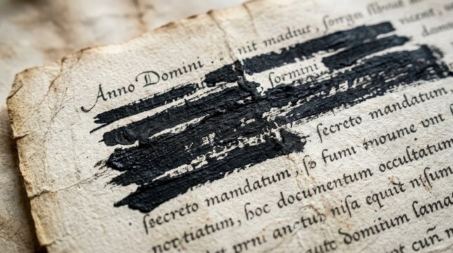 Macro closeup of an aged parchment manuscript featuring weathered paper texture, vintage calligraphic Latin text, and a heavy black ink redaction streak across the center, cinematic widescreen view.