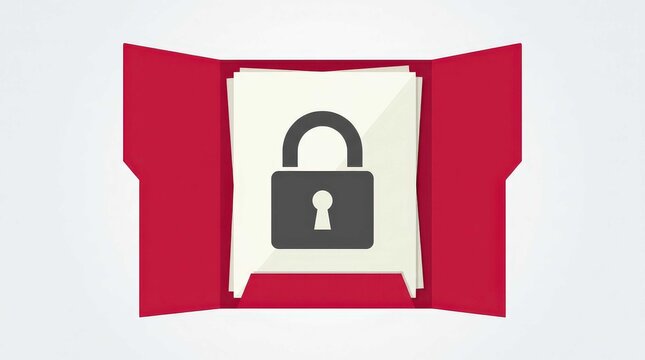 Minimalist red folder containing secure confidential documents with a prominent lock icon, symbolizing data protection, privacy, and cybersecurity for professional business digital concepts.