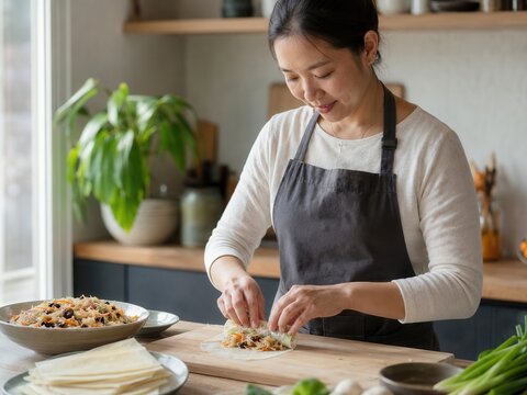 Frau bereitet chinesische Fr&uuml;hlingsrollen mit Gem&uuml;sef&uuml;llung zu und faltet den d&uuml;nnen Teig auf einem Holzbrett &ndash; authentische Zubereitung einer chinesischen Vorspeise.