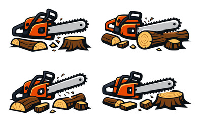 Naklejka premium Chainsaw icons illustrate wood-cutting stages, logging and deforestation, and display logs, stumps, and wood chips